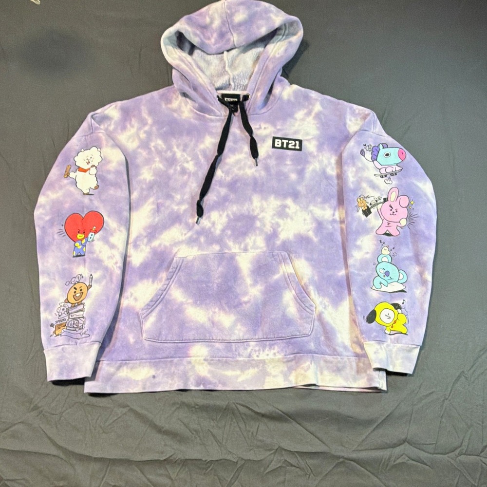 BT21 Purple White Tie-Dye Pullover Hoodie Kangaroo Pocket Medium Cartoon KPop - Picture 1 of 15